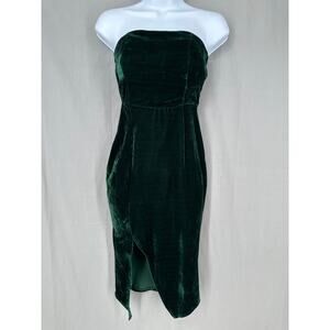 Lulus Dress XS Green Velvet Midi Strapless Party Cocktail Stretch Slit Party